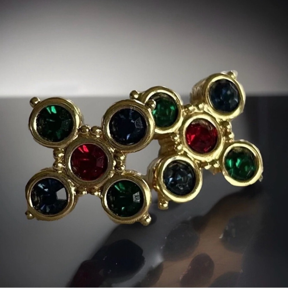 Swarovski Gold Pierced Earrings with Red, Purple, Green, and Blue Accents
